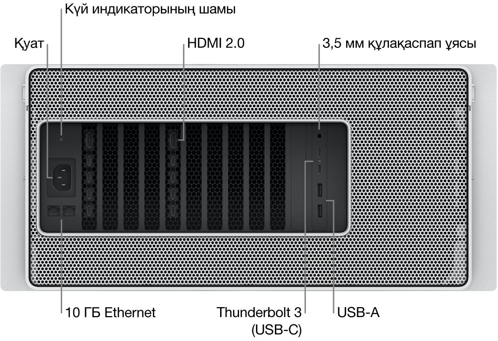 Қуат портын, күй көрсеткішінің шамын, екі HDMI 2.0 портын, 3,5 мм құлақаспап ұясын, екі 10 Гигабит Ethernet портын, екі Thunderbolt 3 (USB-C) портын және екі USB-A портын көрсетіп тұрған Mac Pro компьютерінің артқы көрінісі.