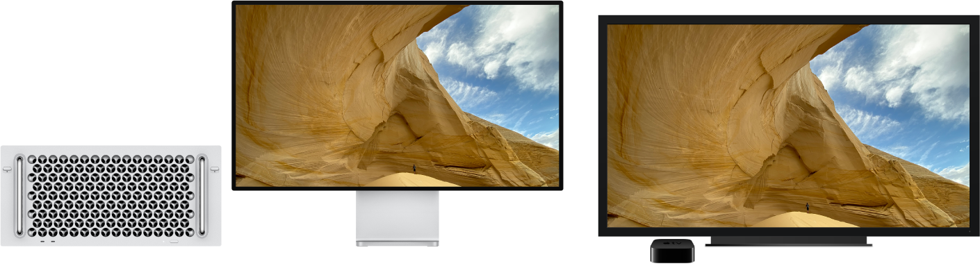 Мазмұны Apple TV теледидарларын пайдаланып үлкен HDTV теледидарында көрсетілген Mac Pro.