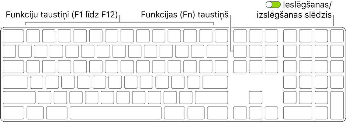 Tastatūras Magic Keyboard kreisajā apakšējā stūrī redzams taustiņš Function (Fn) un tastatūras augšējā labajā stūrī ieslēgšanas/izslēgšanas slēdzis.