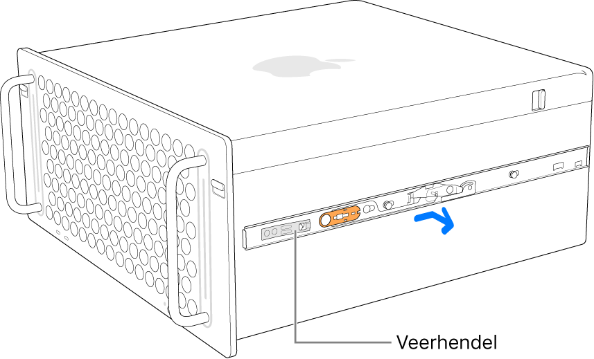 Een rail die wordt losgehaald van de zijkant van de Mac Pro.