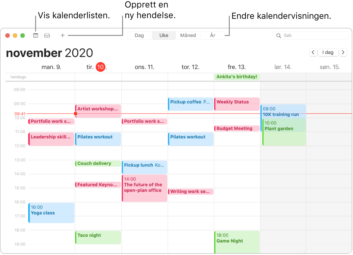 Et Kalender-vindu som viser hvordan du oppretter en hendelse, viser kalenderlisten og velger dag-, ukes-, måneds- eller årsvisning.