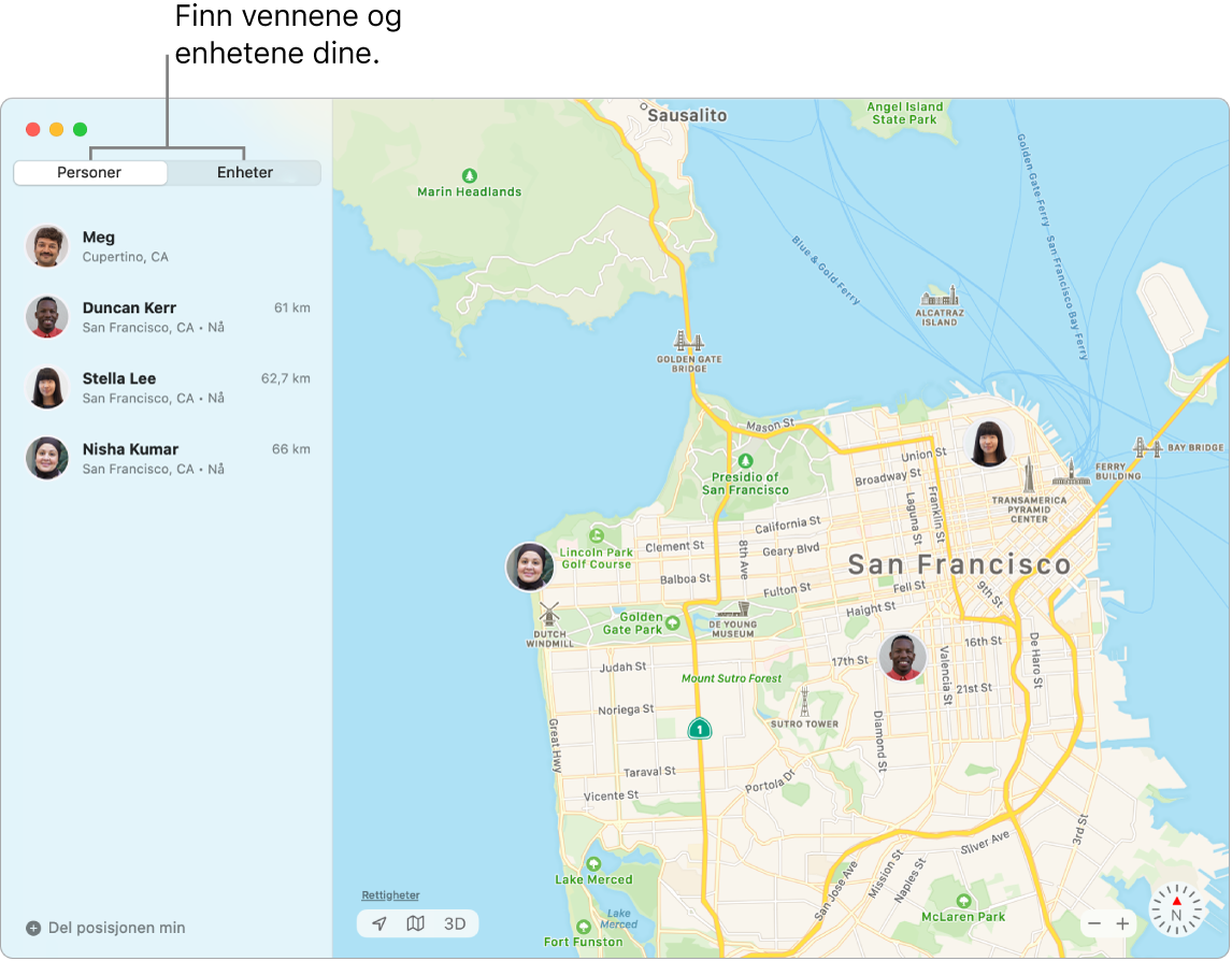 Klikk på fanene Personer eller Enheter for å finne vennene eller enhetene dine. Skjermbildet viser Venner-fanen til venstre og et kart over San Francisco med posisjonen til tre venner til høyre.