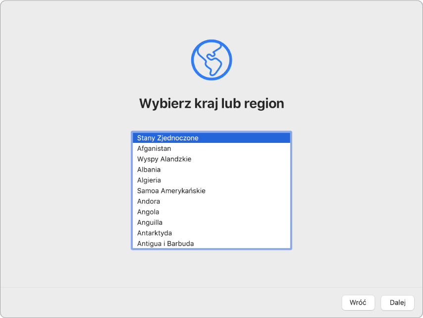 Mac wyświetlający Asystenta ustawień z ekranem powitalnym.