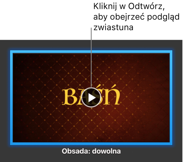Ekran ze zwiastunem iMovie i przyciskiem odtwarzania.