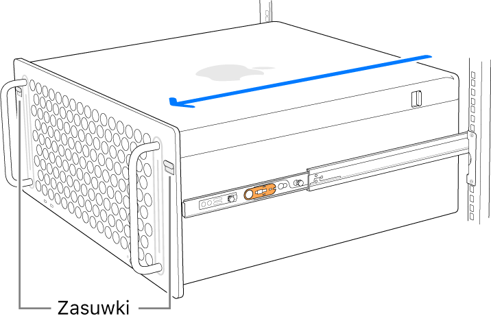 Mac Pro oparty na szynach zamocowanych do szafy serwerowej.