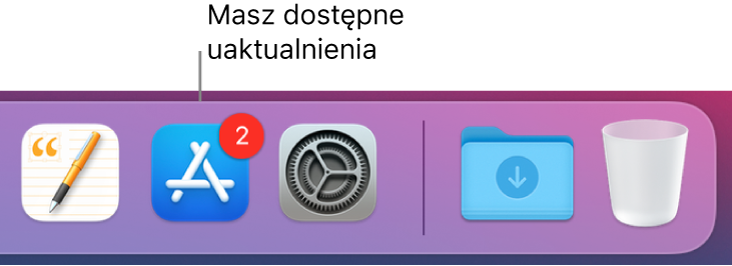 Fragment Docka zawierający ikonę App Store z plakietką wskazującą na dostępność uaktualnień.