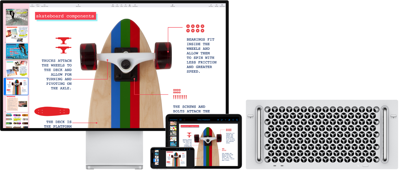 Conteúdo idêntico mostrado em um Mac Pro, iPad e iPhone.