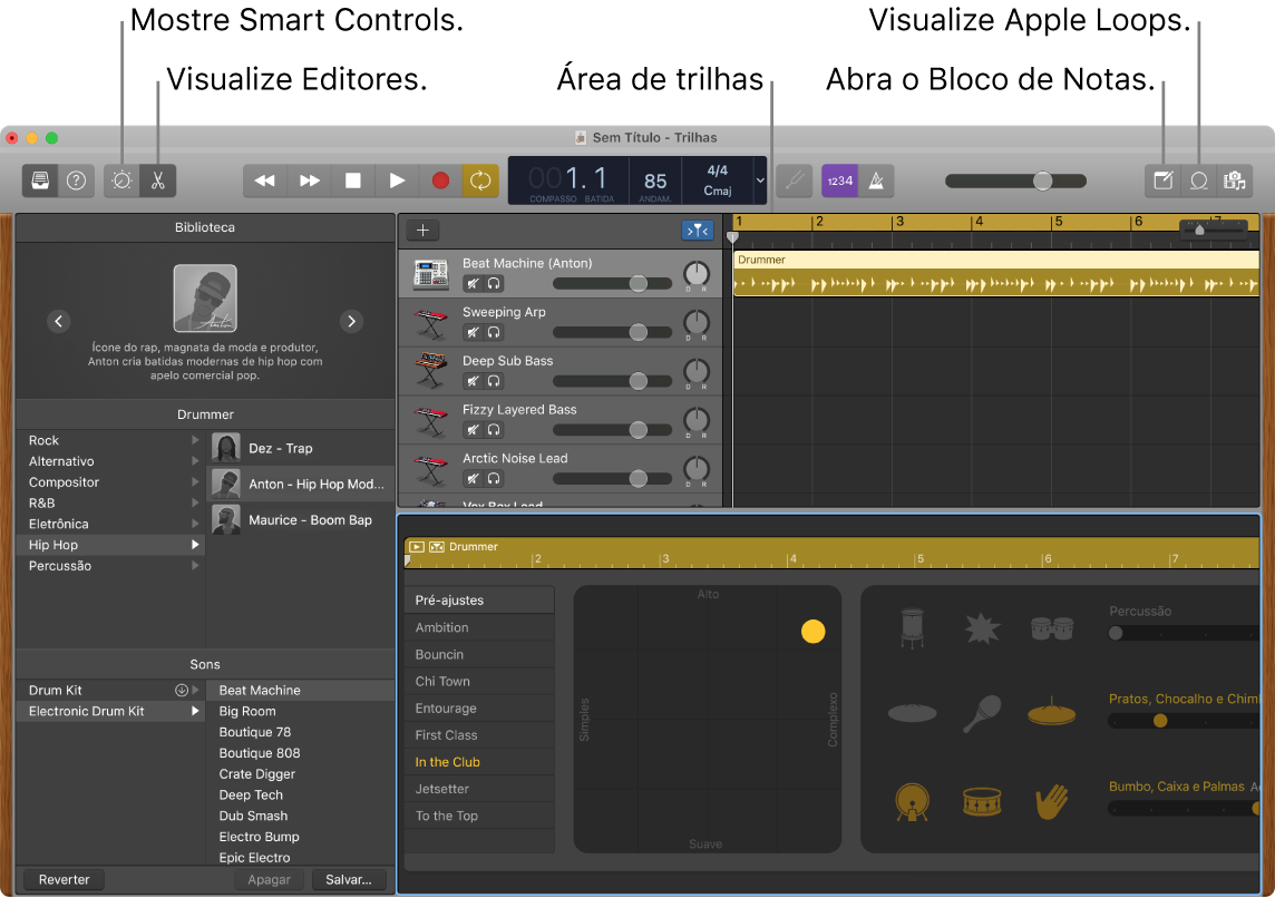 Uma janela do GarageBand mostrando botões para acessar Smart Controls, Editores, Anotações e Apple Loops. Tela de trilhas também são mostradas.