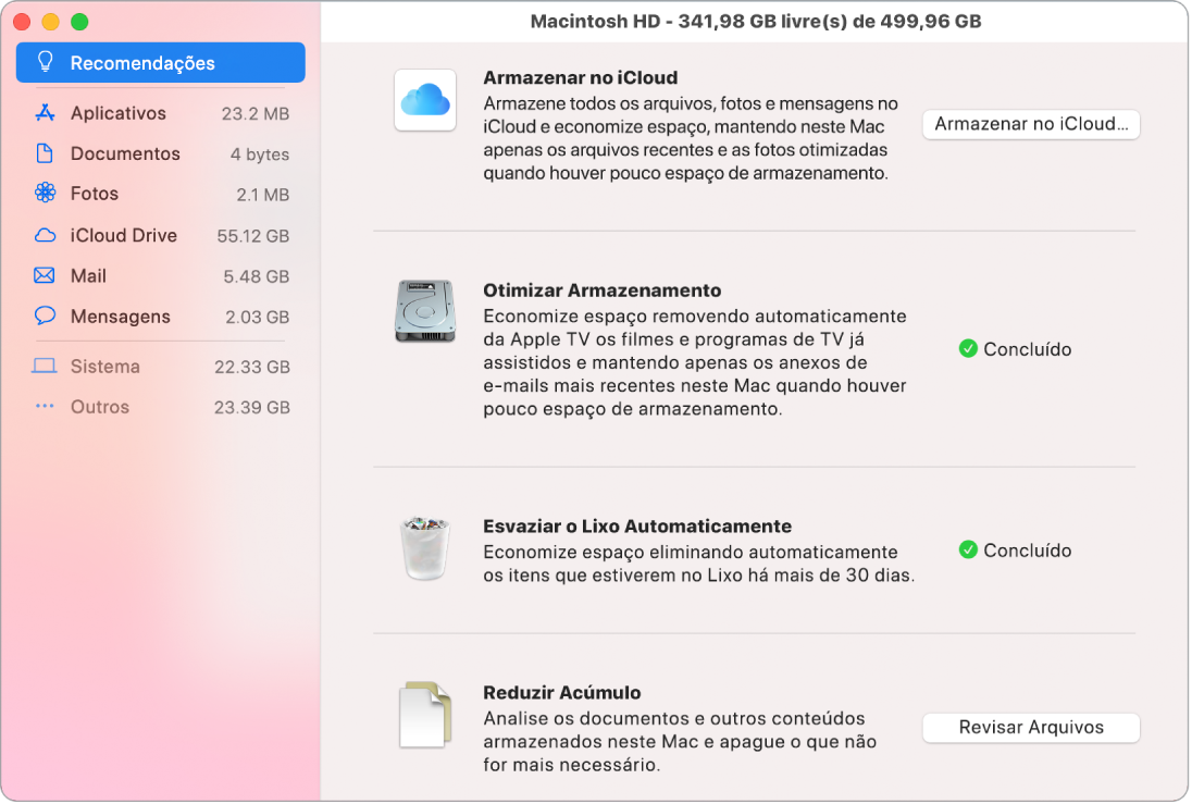 As preferências de armazenamento Recomendações, mostrando as opções Armazenar no iCloud, Otimizar Armazenamento, Remover o Lixo Automaticamente e Reduzir Acúmulo.