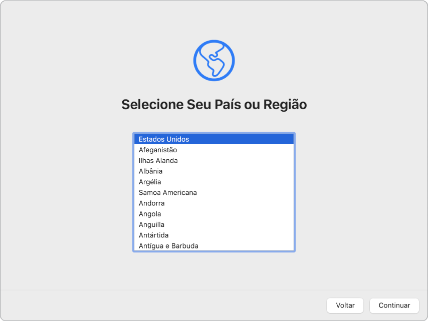 Uma tela do Mac com o Assistente de Configuração mostrando a tela de Boas-Vindas.