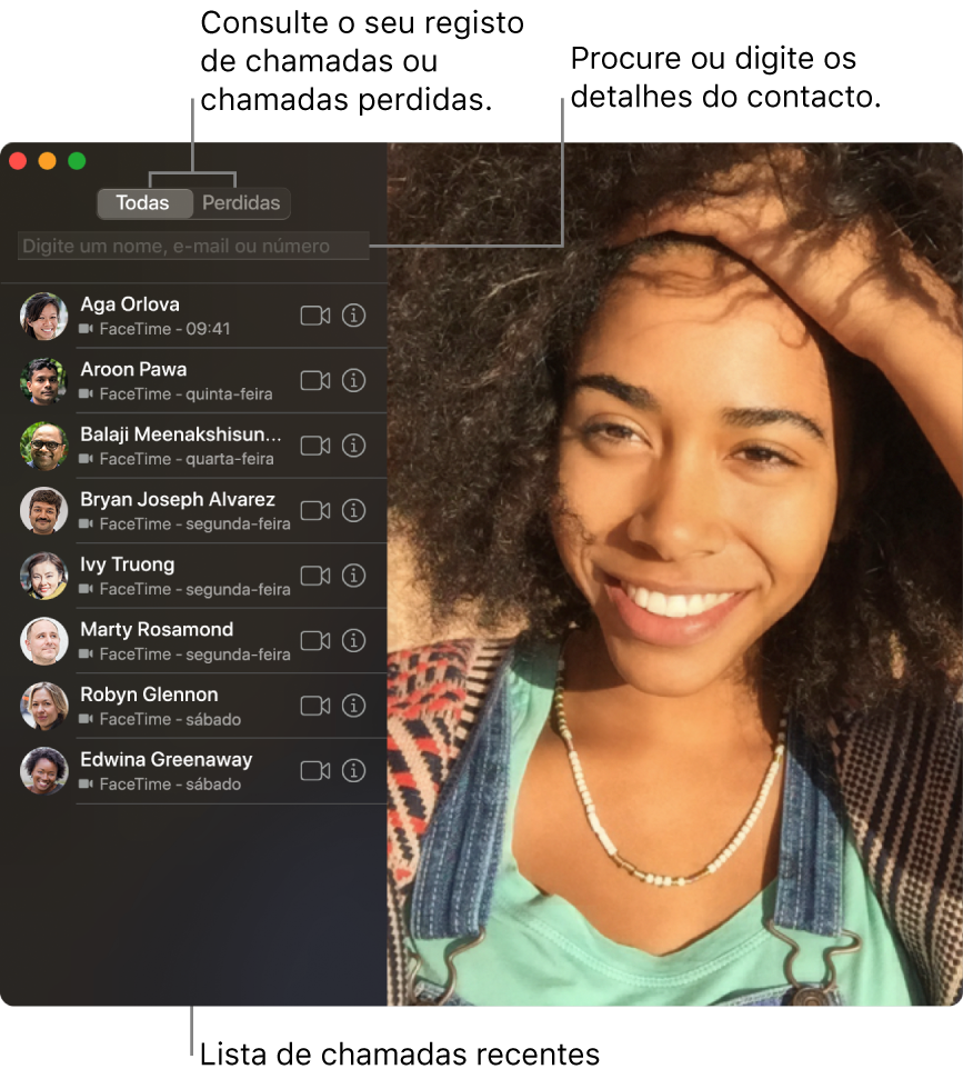 Uma janela do FaceTime que mostra como fazer uma chamada de vídeo ou áudio, usar o campo de pesquisa para introduzir ou pesquisar detalhes de contacto, e ver a lista de chamadas recentes.