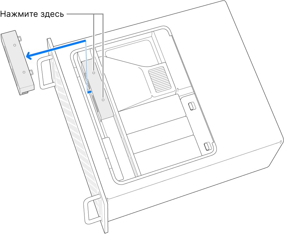 Mac Pro расположен горизонтально. Показана область нажатия для снятия крышки модуля SSD.
