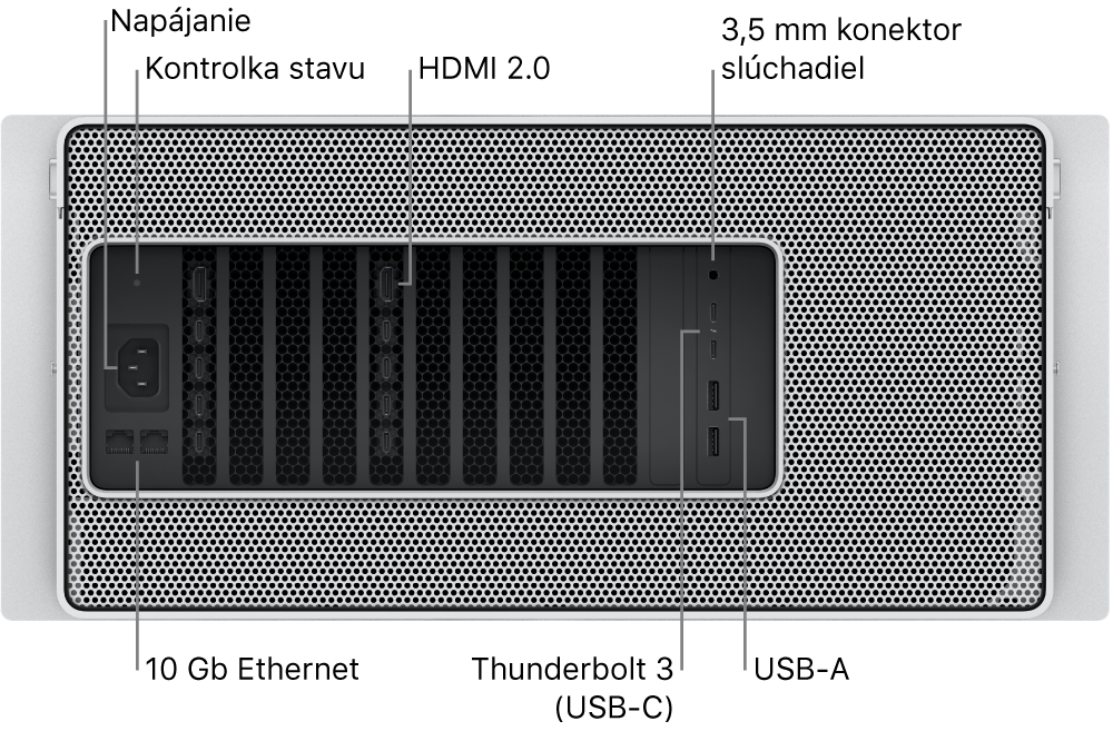 Pohľad na Mac Pro zozadu zobrazujúci napájací port, svetelný indikátor stavu, dva HDMI 2.0 porty, 3,5 mm konektor pre slúchadlá, dva 10 Gigabit Ethernet porty, dva Thunderbolt 3 (USB-C) porty a dva USB-A porty.