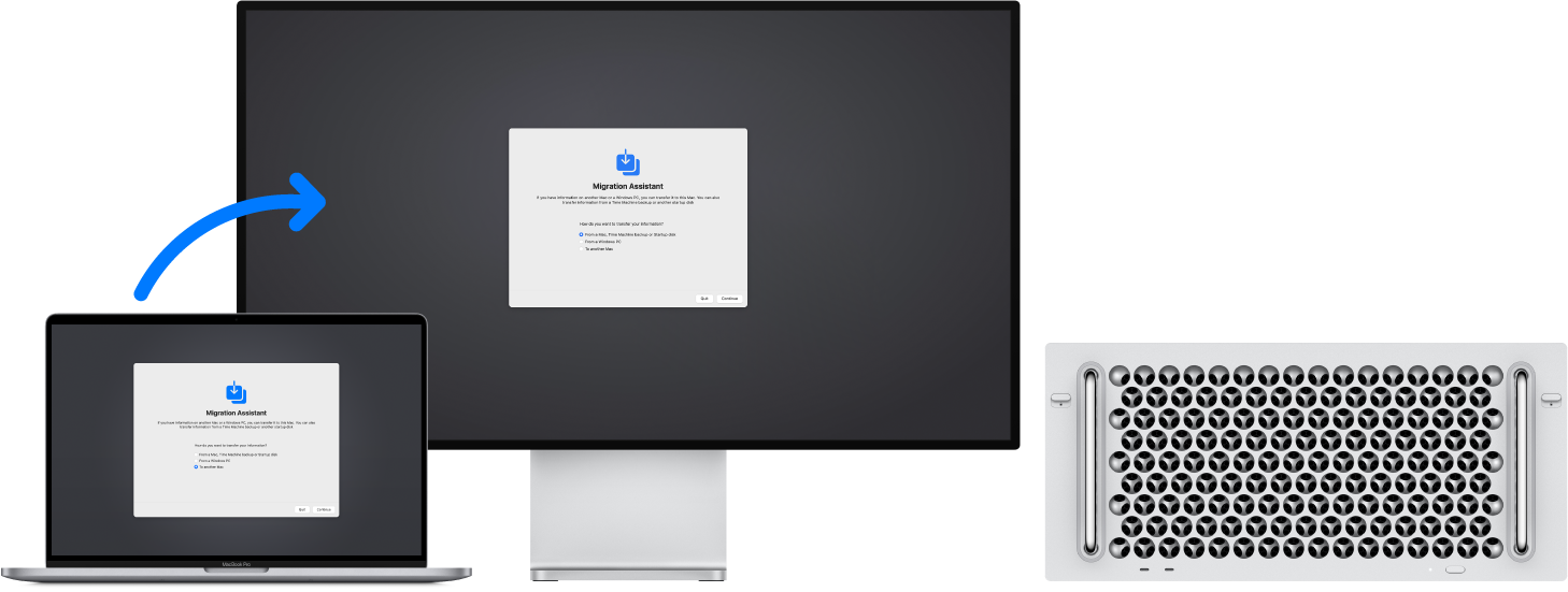 Računalnik MacBook s prikazom zaslona Migration Assistant, povezan z računalnikom Mac Pro s prav tako odprtim zaslonom Migration Assistant.