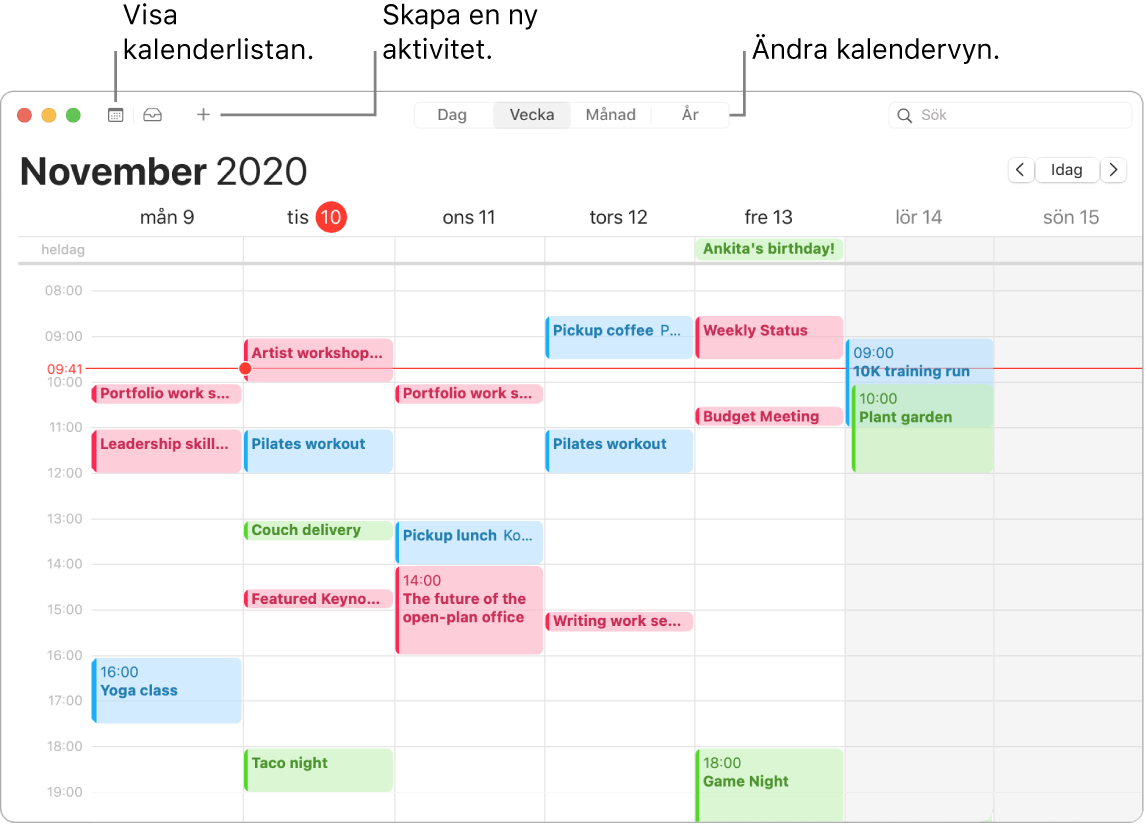 Ett Kalender-fönster som illustrerar hur du skapar en aktivitet, visar kalenderlistan och väljer dag-, vecko-, månads- eller årsvyn.