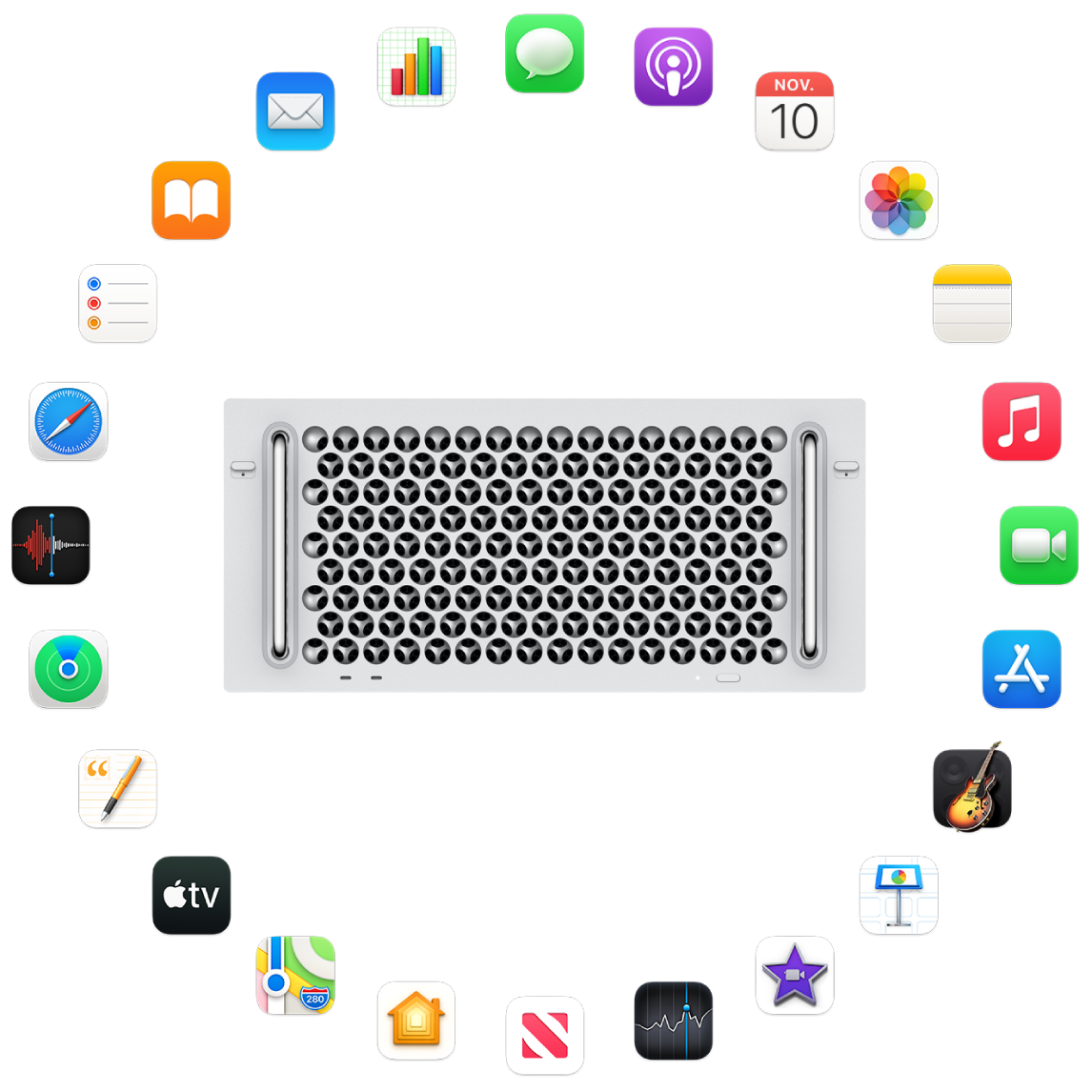 En Mac Pro omgiven av symbolerna för de appar som är inbyggda och beskrivs i avsnitten som följer.