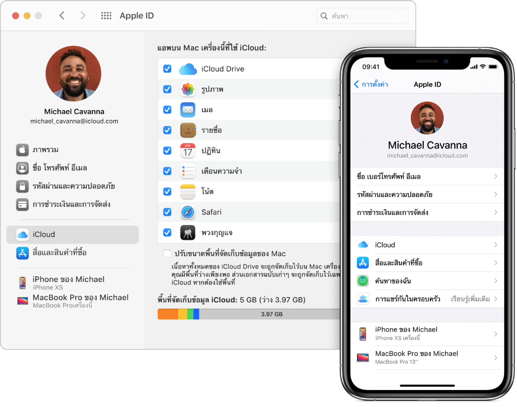การตั้งค่า iCloud บน iPhone และหน้าต่าง iCloud บน Mac