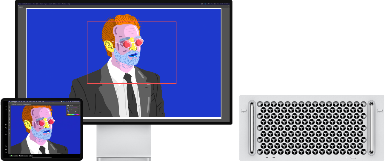 Mac Pro และ iPad ตั้งอยู่ข้างกัน Mac Pro แสดงงานศิลปะที่อยู่ในหน้าต่างการนำทางของ Illustrator iPad แสดงงานศิลปะเดียวกันในหน้าต่างเอกสารของ Illustrator และมีแถบเครื่องมืออยู่รอบๆ