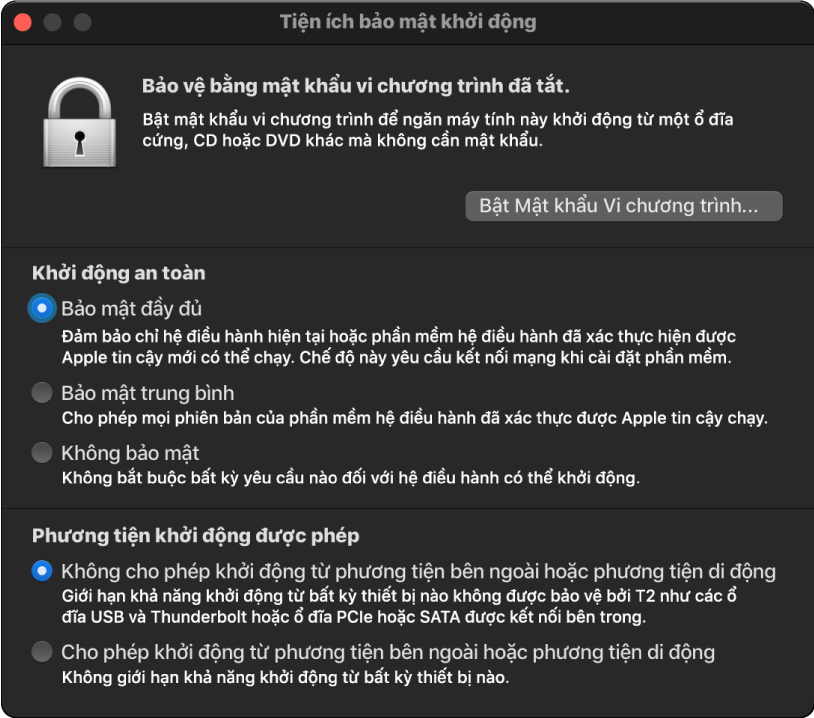 Cửa sổ Tiện ích bảo mật khởi động được mở với một tùy chọn được chọn cho khởi động an toàn và một tùy chọn được chọn cho khởi động bên ngoài.