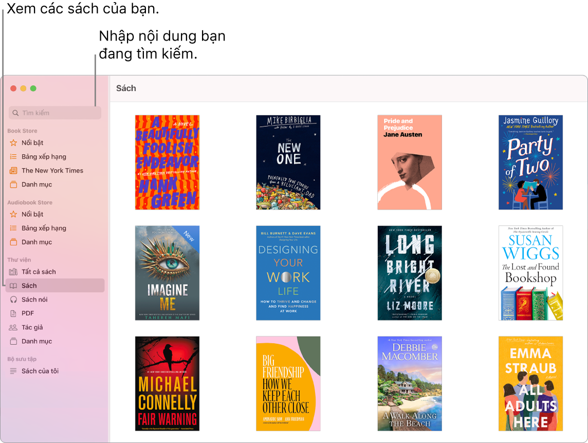 Một cửa sổ ứng dụng Sách đang minh họa cách xem sách, duyệt nội dung được giám tuyển và tìm kiếm.