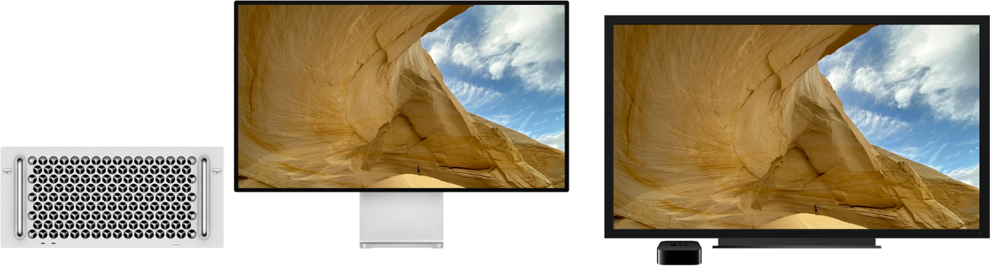 Mac Pro 内容通过 Apple TV 镜像到大的 HDTV 上。