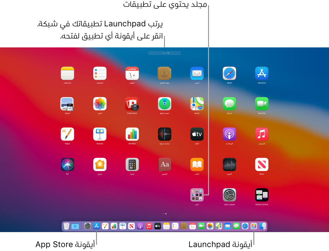 شاشة Mac مفتوح عليها Launchpad، وتعرض مجلد تطبيقات في Launchpad وأيقونة Launchpad وأيقونات App Store في Dock.