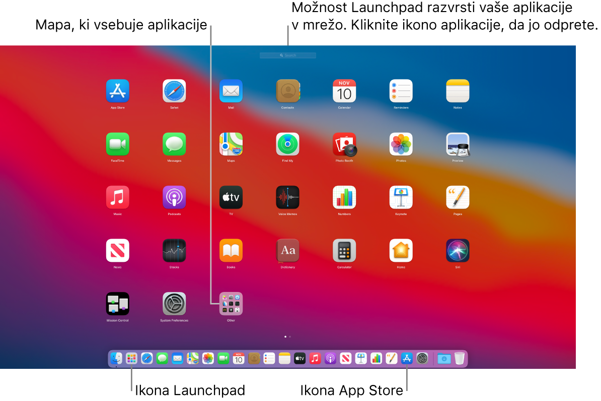 Zaslon Mac z odprtim zaganjalnikom aplikacij Launchpad, prikazano mapo aplikacij v zaganjalniku Launchpad ter ikonama Launchpad in App Store v vrstici Dock.