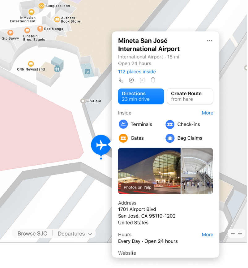 Карта на вътрешността на летище, заедно с информация за летището, включително упътвания, ресторанти, магазини и други.