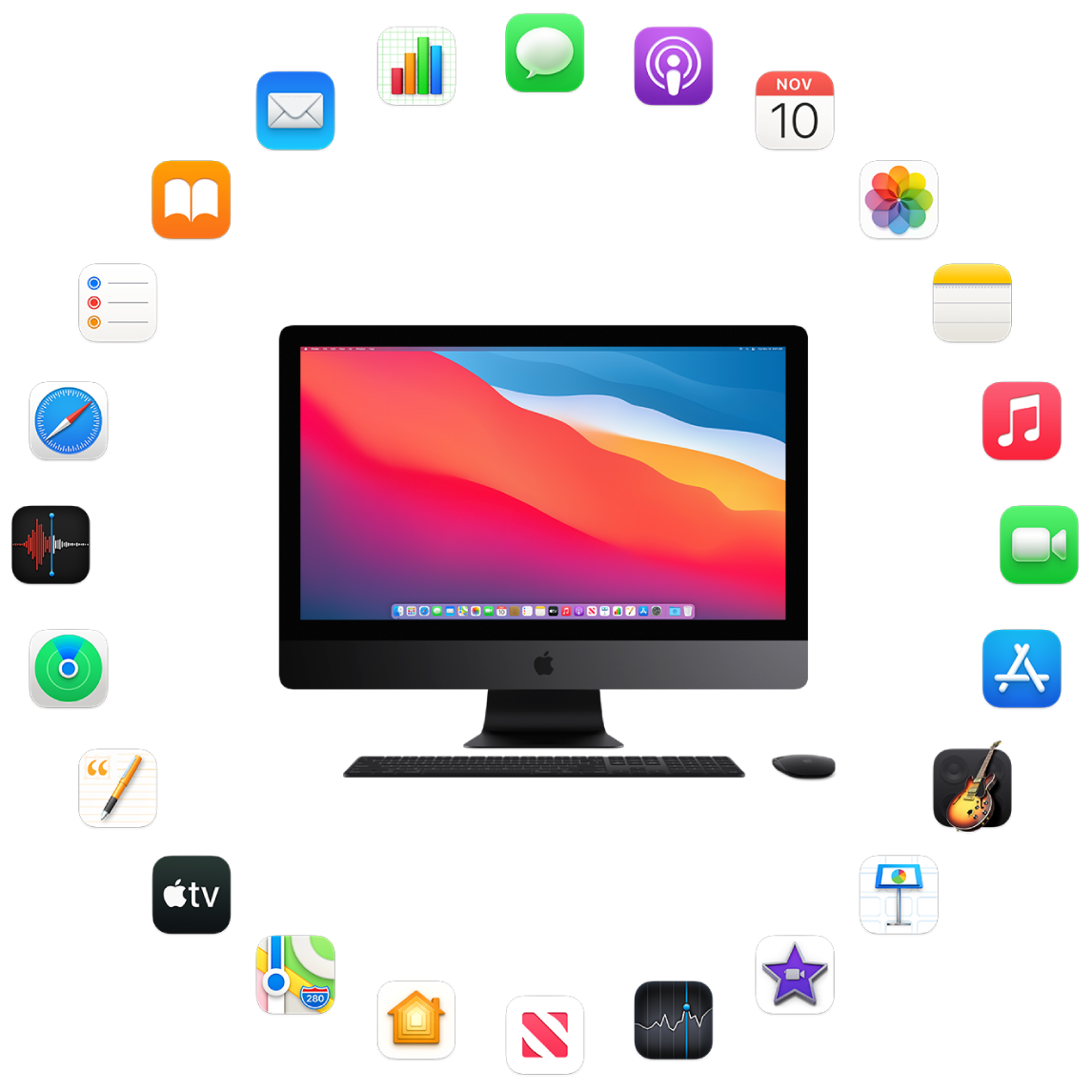 iMac Pro, заобиколен от иконките на вградените приложения, описани в следващите раздели.