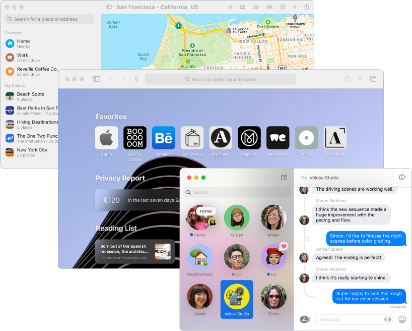 Препокриващи се екрани на приложенията Maps (Карти), Safari и Messages (Съобщения).