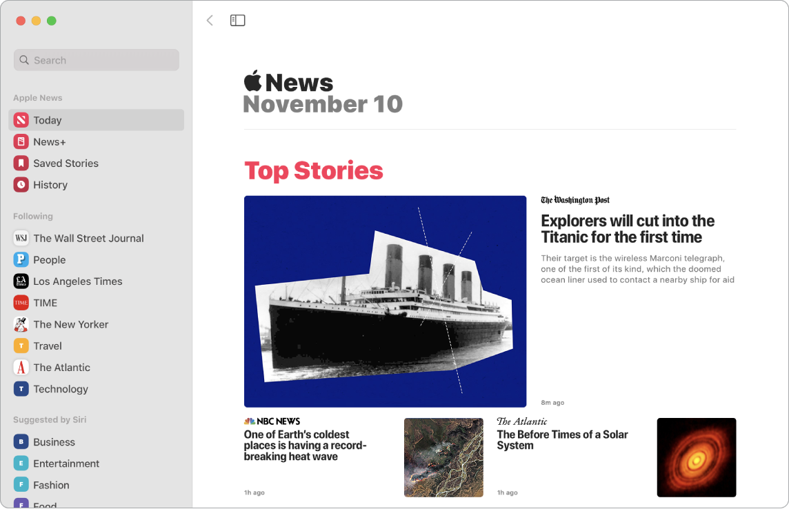 Прозорец на News (Новини), показващ списък за следене и Top Stories (Най-добри статии).