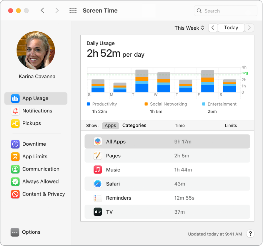 Прозорец на Screen Time (Екранно време), който показва изразходваното време за различни приложения.