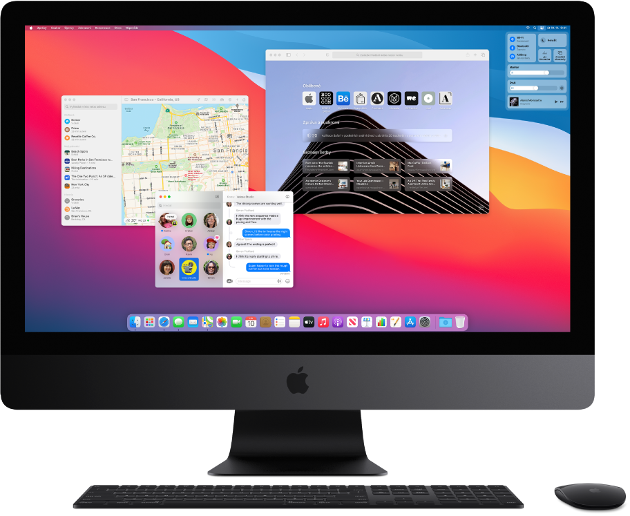 Plocha iMacu Pro s Ovládacím centrem a několika otevřenými aplikacemi