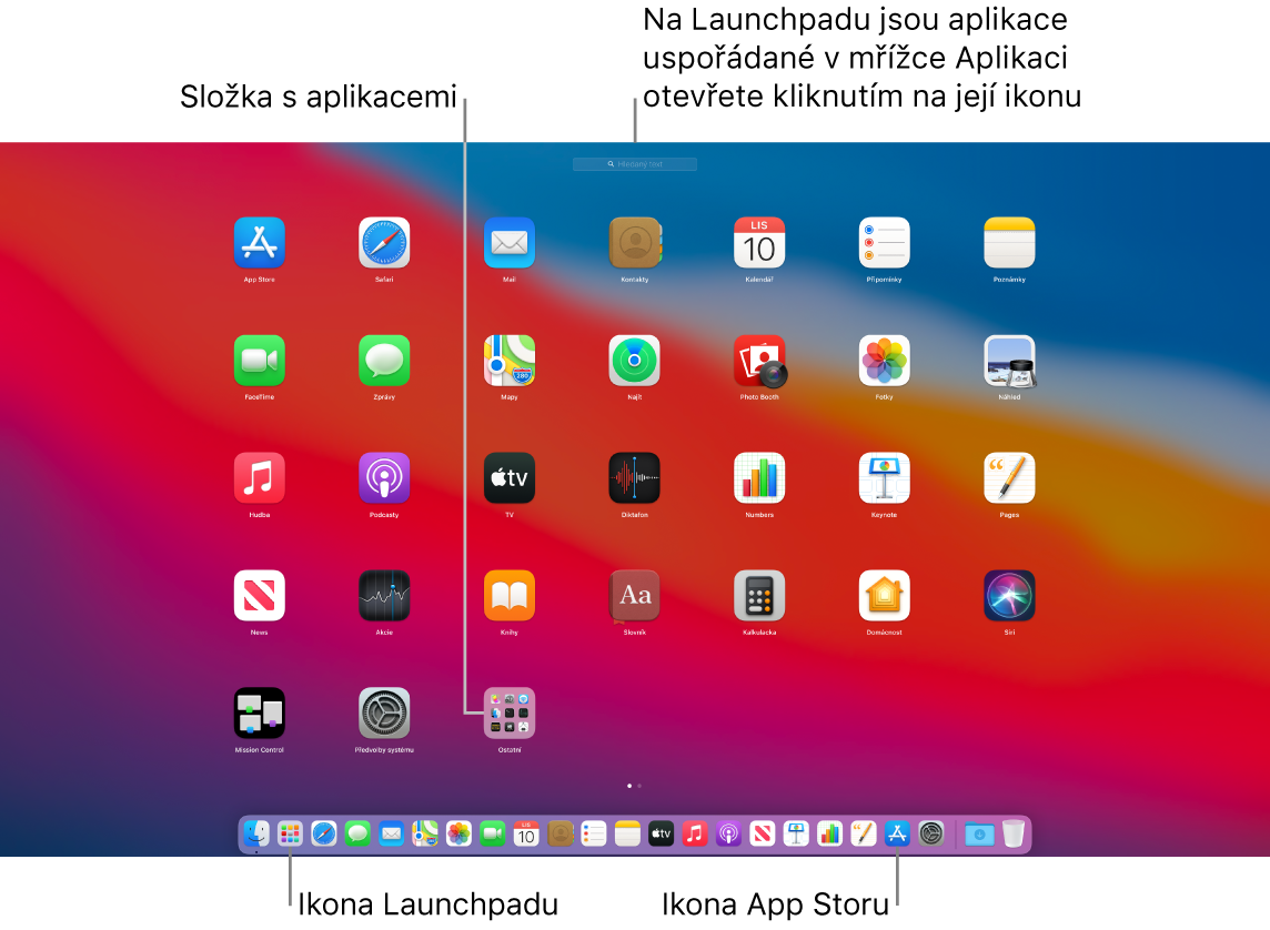 Obrazovka Macu s otevřeným Launchpadem, na níž je vidět složka aplikací v Launchpadu a také ikony Launchpadu a App Storu v Docku