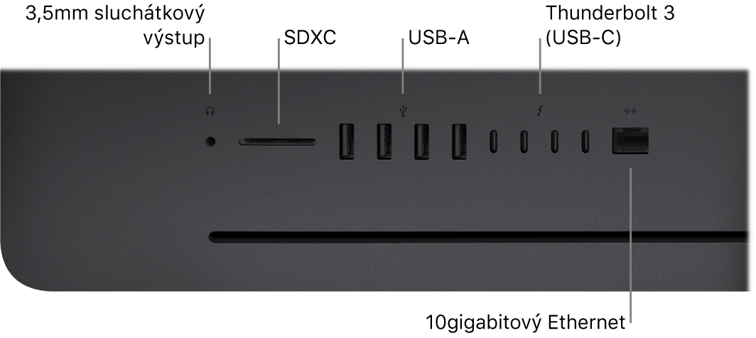 iMac Pro s 3,5mm sluchátkovou zdířkou, slotem pro SDXC karty, porty USB‑A, porty Thunderbolt 3 (USB‑C) a ethernetovým portem (RJ‑45)