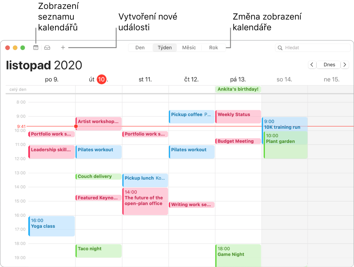 Okno aplikace Kalendář s popisky ukazujícími, kde můžete přidat událost, zobrazit seznam kalendářů nebo vybrat zobrazení Den, Týden, Měsíc či Rok