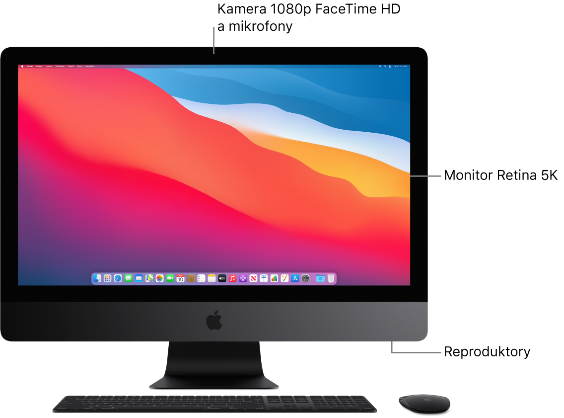 Přední strana iMacu Pro – na obrázku je vidět displej, kamera, mikrofony a reproduktory
