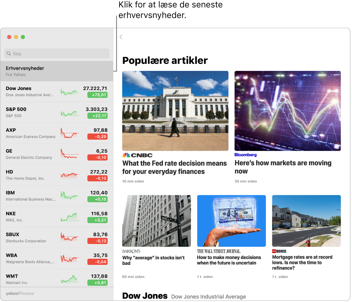 Dashboard til Værdipapirer, der viser markedskurser i en oversigt med tilhørende Top Stories.