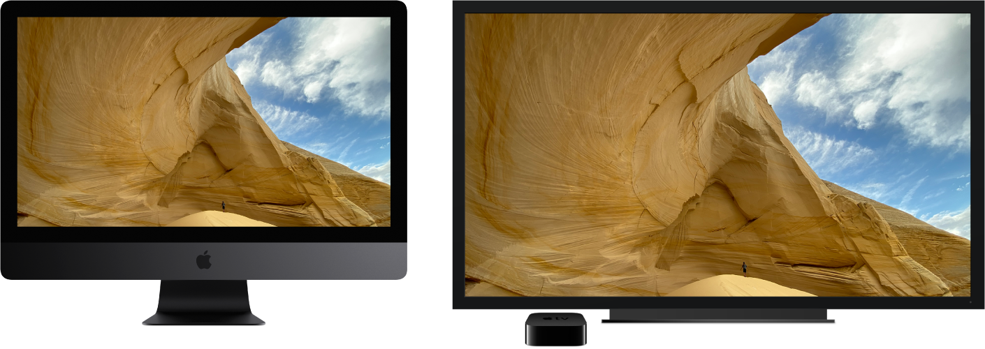 En iMac Pro med indholdet dubleret på et stort HD-fjernsyn og en Apple TV-enhed.