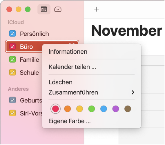 Das Kontextmenü „Kalender“ mit Optionen zum Anpassen der Farbe eines Kalenders
