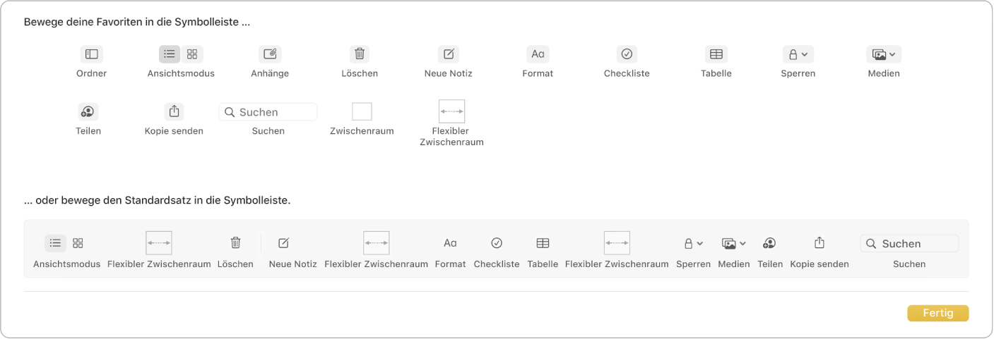 Ein Fenster der App „Notizen“ mit den verfügbaren Optionen zum Anpassen der Symbolleiste.