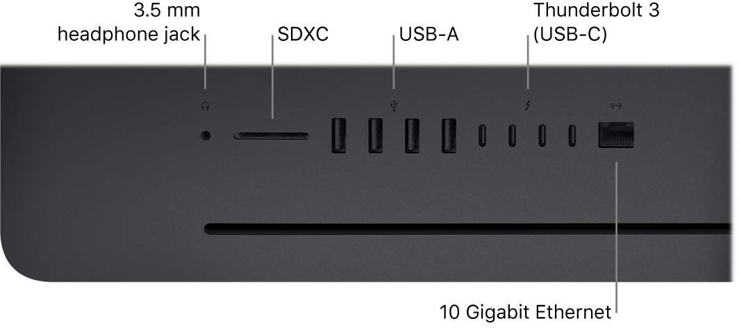 An iMac Pro showing the 3.5 mm headphone jack, SDXC slot, USB-A ports, Thunderbolt 3 (USB-C) ports, and Ethernet (RJ-45) port.