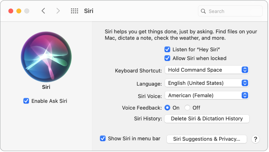The Siri preferences window with Enable Ask Siri selected on the left and several options for customizing Siri on the right, including “Listen for ‘Hey Siri’.”