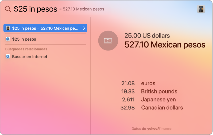 Una captura de pantalla mostrando la conversión de dólares a pesos, un resultado mostrando la conversión y varios resultados más que se pueden seleccionar.