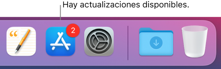Una parte del Dock mostrando el ícono de App Store con un indicador que muestra que hay actualizaciones disponibles.