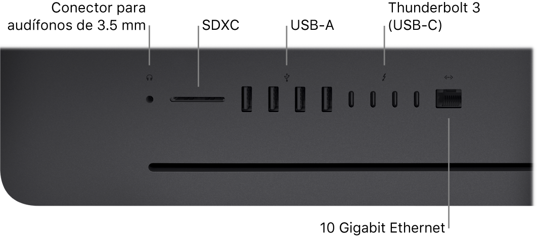 Una iMac Pro mostrando el conector para audífonos de 3.5 mm, puerto SDXC, puertos USB A, puertos Thunderbolt 3 (USB-C) y el puerto Ethernet (RJ-45).