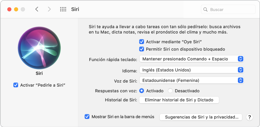 La ventana del panel de preferencias Siri con la opción para activar “Pedirle a Siri” seleccionada en la izquierda, y varias opciones para personalizar a Siri en la derecha, incluida la opción “Al escuchar ‘Oye Siri’”.