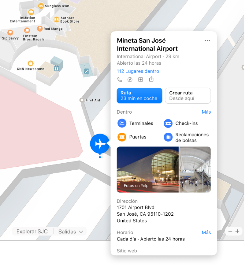 Un mapa del interior de un aeropuerto, junto con información sobre el aeropuerto, incluidas indicaciones, restaurantes, tiendas, etc.