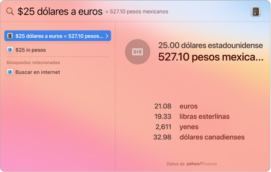 Una captura de pantalla con dólares convertidos en pesos con un mejor resultado que muestra la conversión y varias opciones que puedes seleccionar.