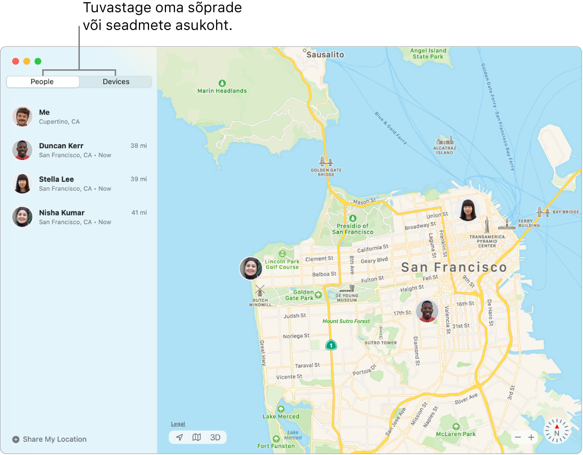 Saate tuvastada oma sõprade ja seadmete asukohti, kui klõpsate vahelehtedel People või Devices. Ekraanipildil on vasakul valitud vaheleht Friends ja paremal on San Francisco kaart kolme sõbra asukohaga.